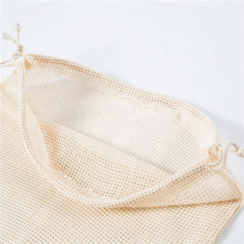 Cotton Mesh Produce Bag - Handcrafted Natural Wood Design