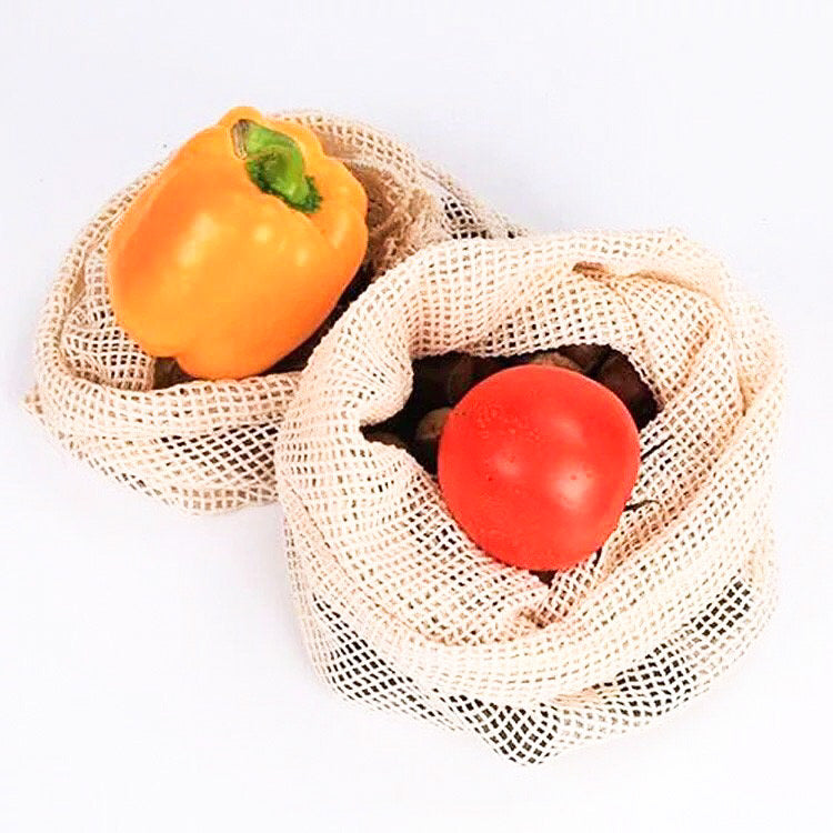 Cotton Mesh Produce Bag - Handcrafted Natural Wood Design