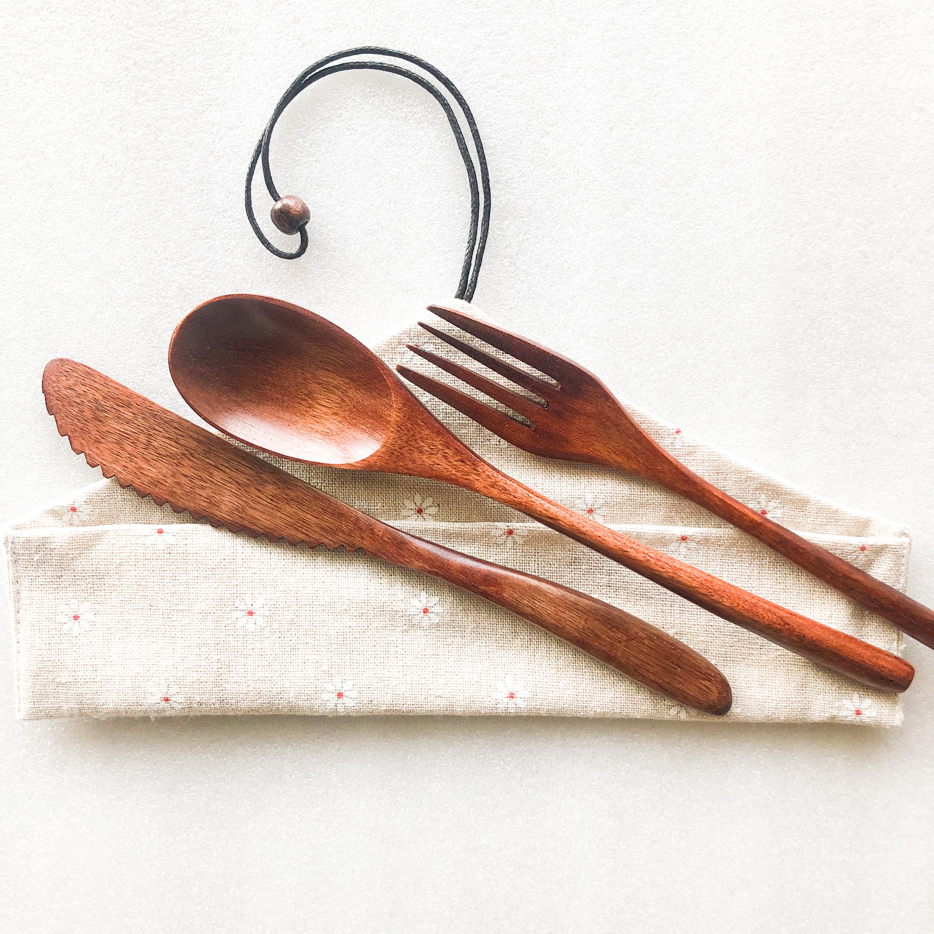 Japanese Style en Cutlery Set - Organic Natural Wood Design