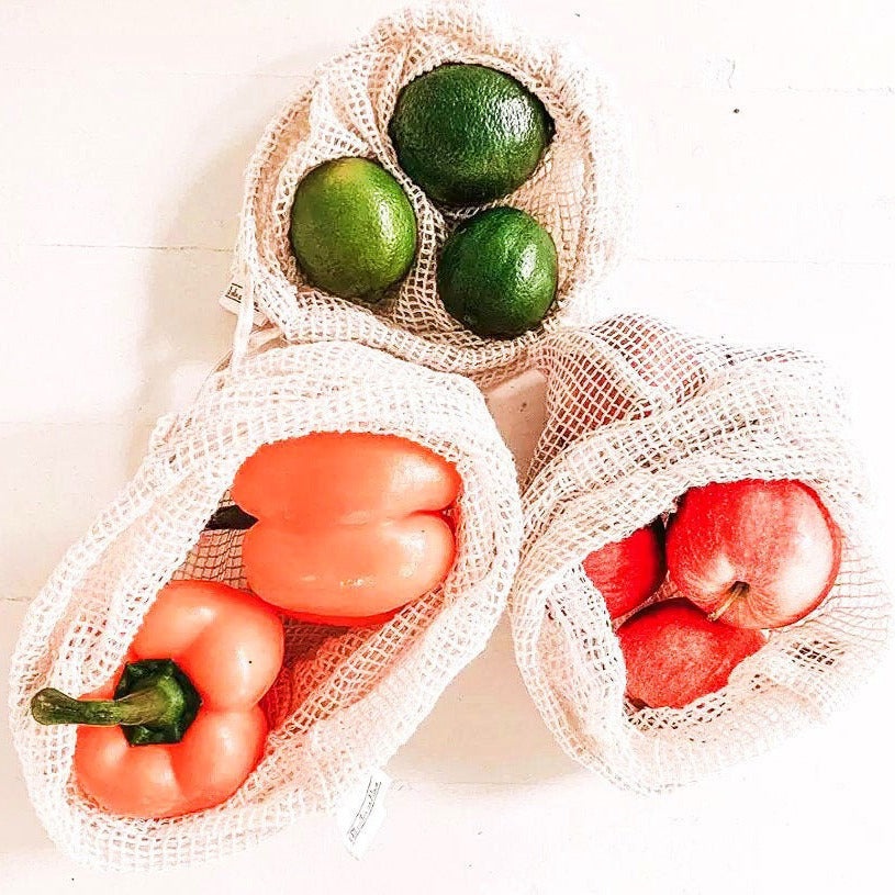 Cotton Mesh Produce Bag - Handcrafted Natural Wood Design